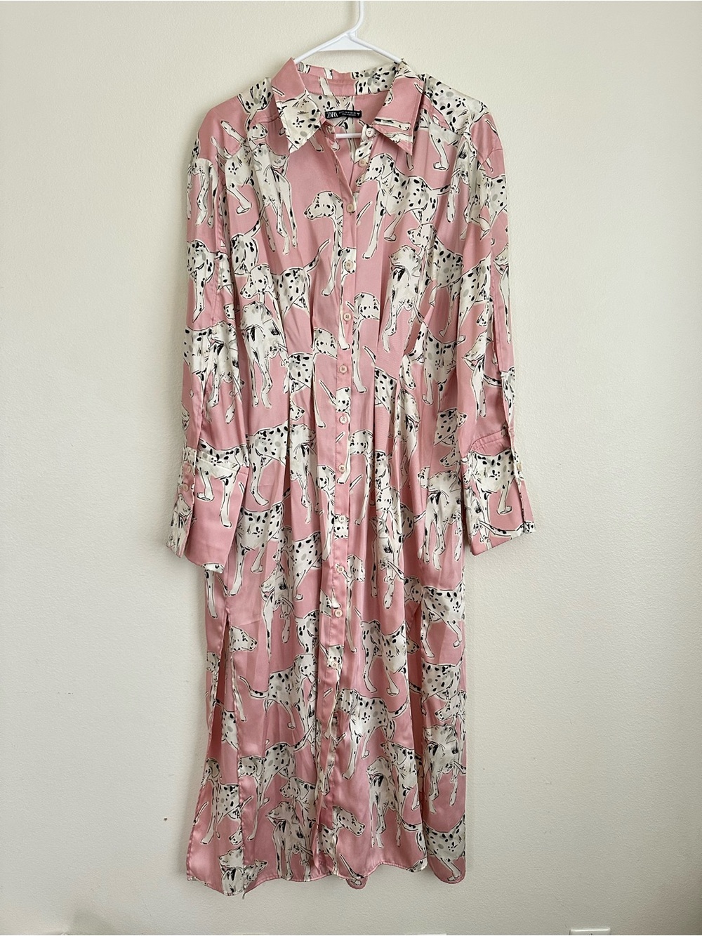Zara Pink Dalmatian Print Button Front Satin Effect Midi Dress - Picture 4 of 7